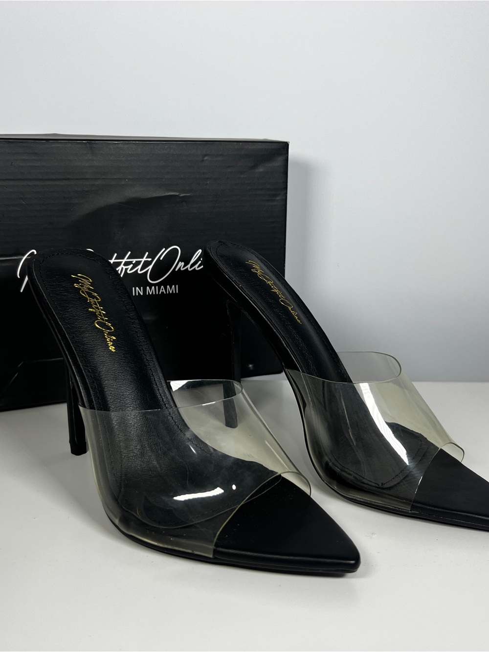 Clear Strap Black Pointed Toe Stiletto Mules